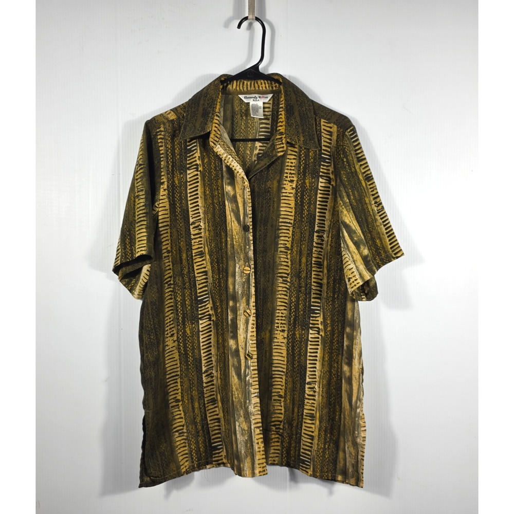 Vintage Beverly Rose USA Women Large Olive Green Gold Patterned Button Up Blouse - Picture 4 of 7
